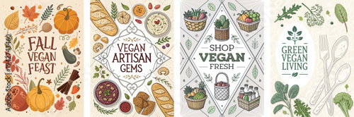 Colorful illustrated banners showcasing various aspects of vegan living.