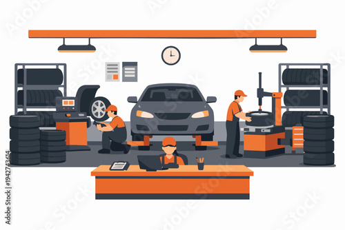 Auto service garage providing wheel and tire change