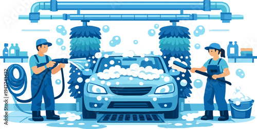 Car wash workers cleaning vehicle with soap and water