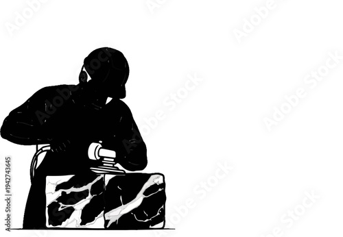 Artisan polishes marble block with power tool, wearing protective gear