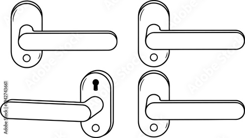 Door handle vector set, metal lever handle illustration, interior hardware icons, architectural door knob sketches, minimalist house fitting hardware collection (Exactly 20 words)