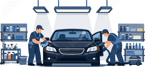 Car detailing service by professional cleaners in garage