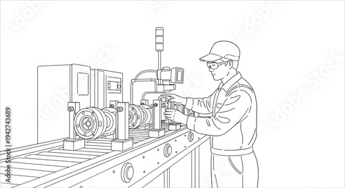 Engineer working on industrial machine in linear style