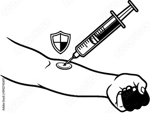 Arm receiving injection with shield for protection and clenched fist