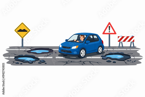 Car driving on damaged road with potholes and warning signs