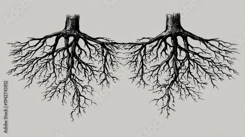 Detailed depiction of two opposing tree root systems rendered in a classic etching style