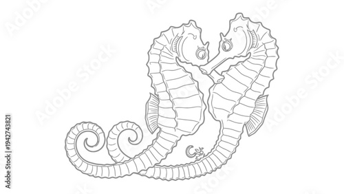 Sea horse embrace: Two seahorses, their bodies intertwined in a tender embrace, showcase the intricate beauty of the underwater world. Their forms, drawn with graceful lines.
