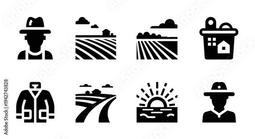 Minimalist farming and countryside icons set in black and white
