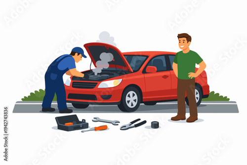 Mechanic worker repairing broken car engine breakdown