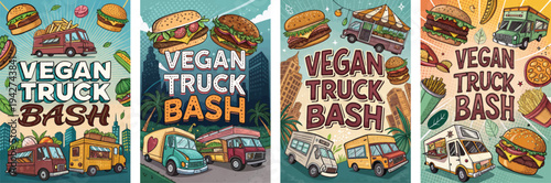 Colorful vegan food truck festival posters with diverse food options.