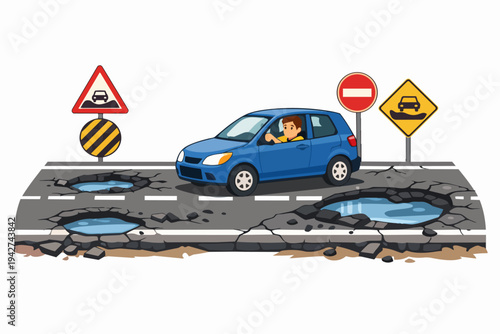 Car driving on damaged road with potholes and warning signs