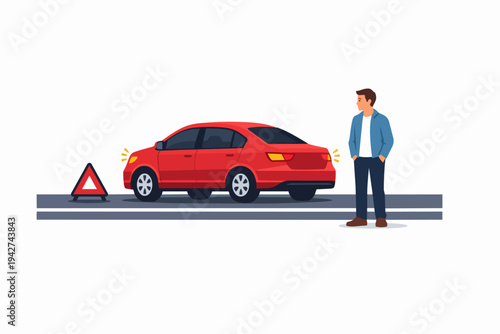 Man experiencing car breakdown on road with warning triangle