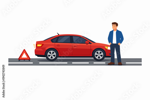 Driver standing next to broken red car on road