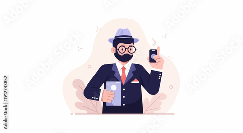 Bearded man in suit and hat, holding two smartphones in a flat illustration