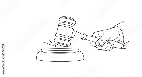Hand holding gavel line drawing with judge’s hand ready to strike