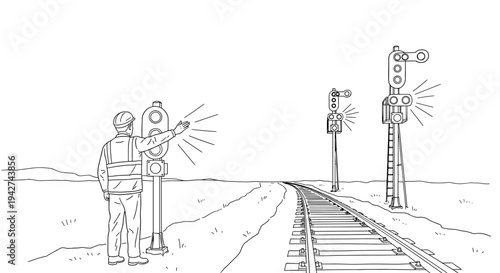 Railway worker operating signal on remote train track line