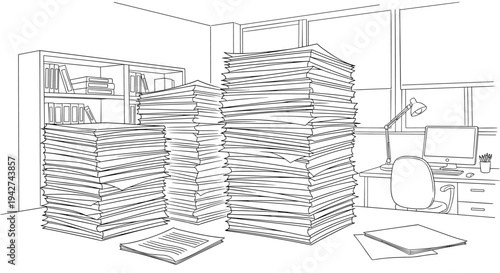 Office line art with stacks of papers and desk in minimalist workspace