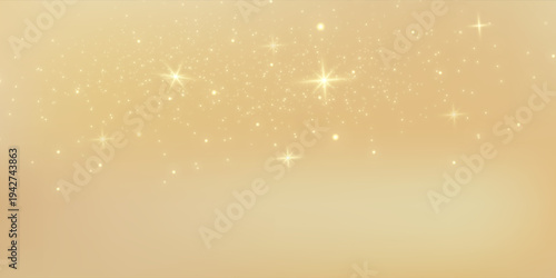 Golden gradient background with shimmering glitter particles creates an elegant champagne atmosphere. Beige bokeh texture adds luxurious depth to festive golden designs.