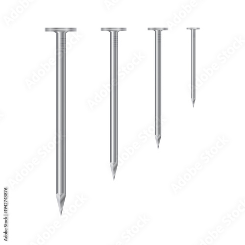 3d metal nails set on white background. Realistic iron hardware collection of pin nails of different lengths and steel circle head, construction, carpentry and fix equipment. illustration EPS 10.