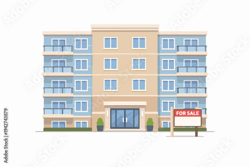 Modern apartment building with for sale sign
