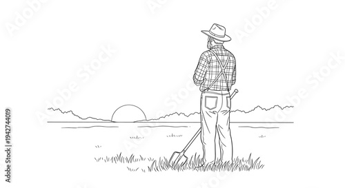 Farmer gazing at sunset over field in line art style