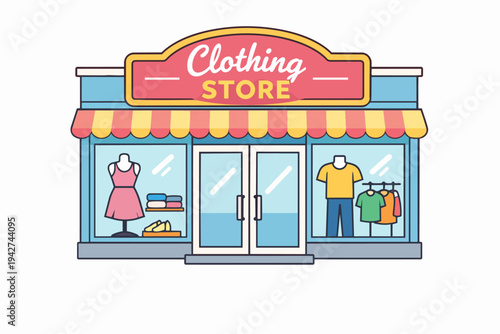 Clothing store building facade with awning and display