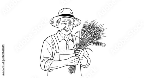 Elderly farmer holding wheat bundle in black and white drawing for agricultural themes