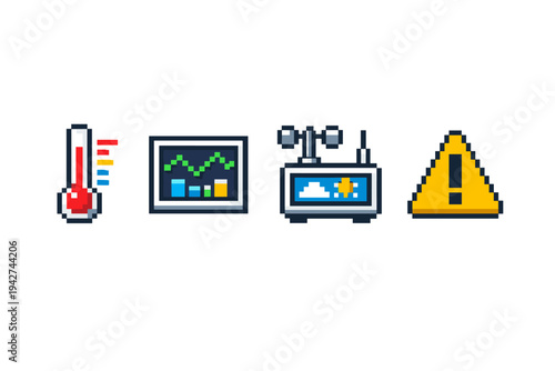 Pixel art icons showing temperature thermometer, analytics chart, weather station display with sun and cloud, and warning triangle alert symbol