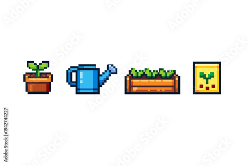 Pixel art gardening icons set featuring a sprout in a pot, blue watering can, wooden planter box with seedlings, and a seed packet on white background