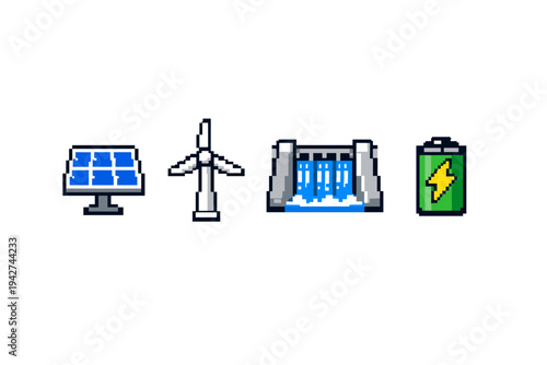 Pixel art icons of renewable energy sources showing solar panel, wind turbine, hydroelectric dam, and battery storage for sustainable power