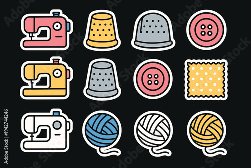 Colorful sewing icons set with machines, thimbles, buttons, and yarn