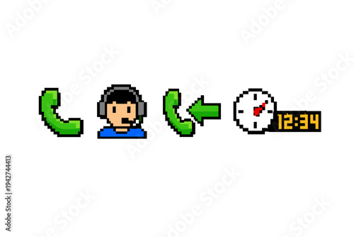 Pixel art icons showing phone call, customer support headset avatar, return call arrow, and clock with digital time display for communication interface