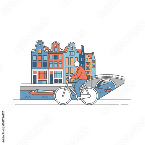 Man riding bicycle on canal bridge in city.