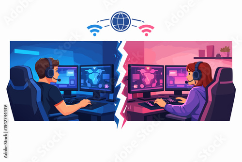 Male and female gamers connecting globally for online competition