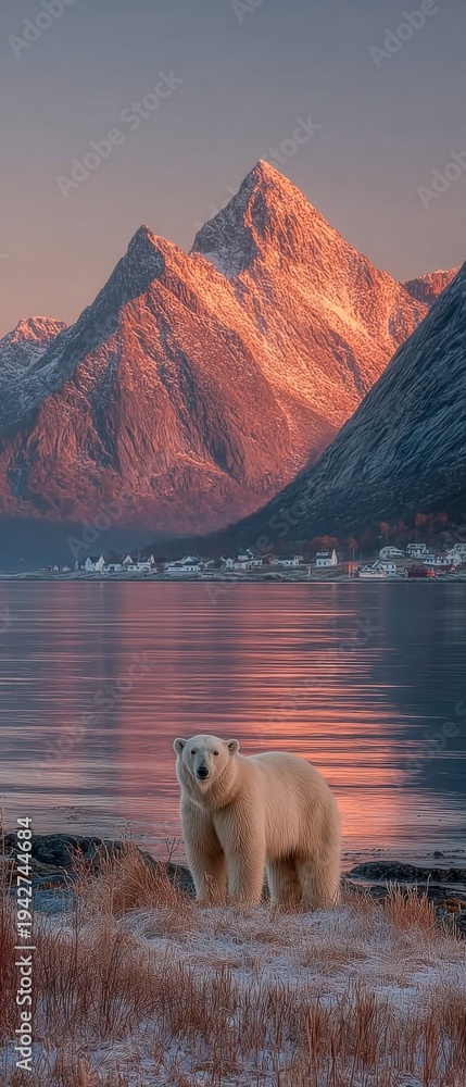 Obraz premium Wild and free: nature's contrast in greenland's rugged wilderness. Visual poster. Luminous arctic: polar bear against a spectacular red cliffs vista. Film poster. Drama poster.