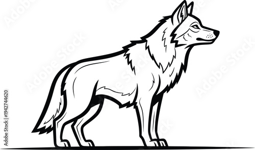 A black and white illustration of a wolf standing on a surface
