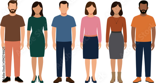Flat vector illustration of a diverse group of men and women standing together in casual attire isolated on white background,
