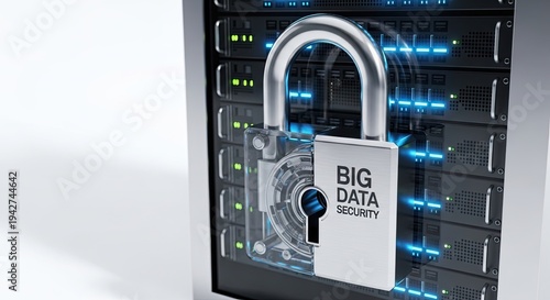 A server rack is secured with a large padlock labeled 