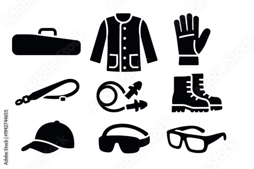 Essential hunting gear: silhouette icons featuring clothing, accessories, and equipment