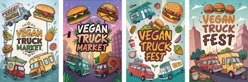 Colorful illustrations of food trucks featuring vegan cuisine for an event.