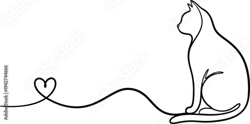 A minimalist line drawing of a cat with a heart shaped tail