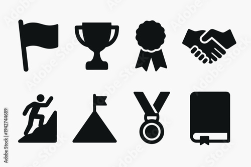 Achievement icon set: symbols of success and recognition in silhouette style