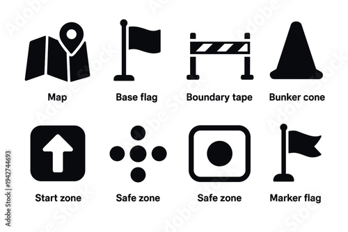 Game map icons set with flags and zones in silhouette style