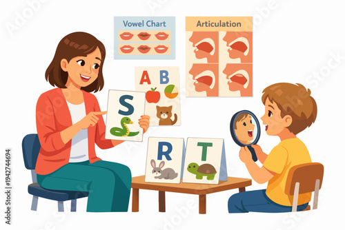 Speech therapist teaching articulation to a young boy