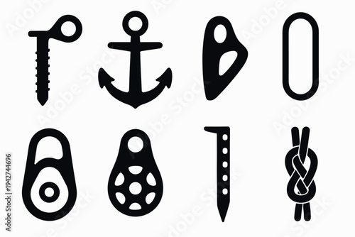 Silhouette collection of climbing and nautical equipment icons in black and white