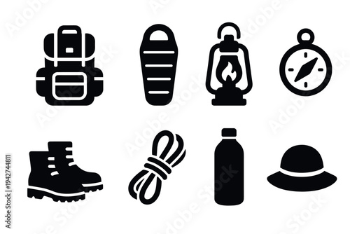 Essential camping gear icons: silhouette backpack, lantern, compass, and more