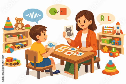 Child receiving speech therapy with therapist using cards