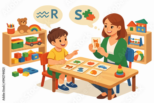 Speech therapist assisting child practicing pronunciation in classroom