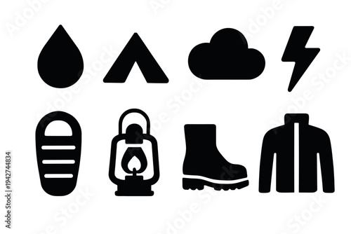 Silhouette camping icons: tent, lantern, cloud, lightning, gear essentials