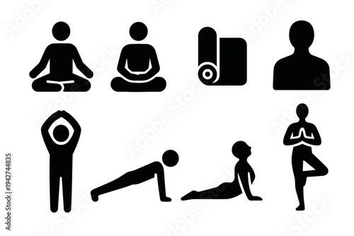 Yoga and meditation icons set featuring diverse poses and equipment silhouettes